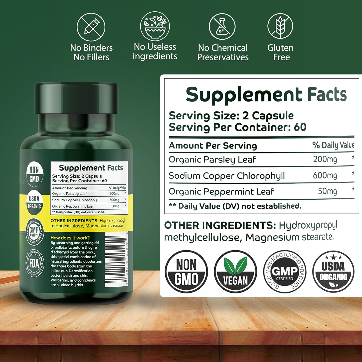 Chlorophyll Capsules - 60 Vegan Chlorophyll Pills - Natural Internal Deodorant to Detox Body Odor, Skin, Armpits & Private Parts - Supports Immunity, Gut Health & Digestion