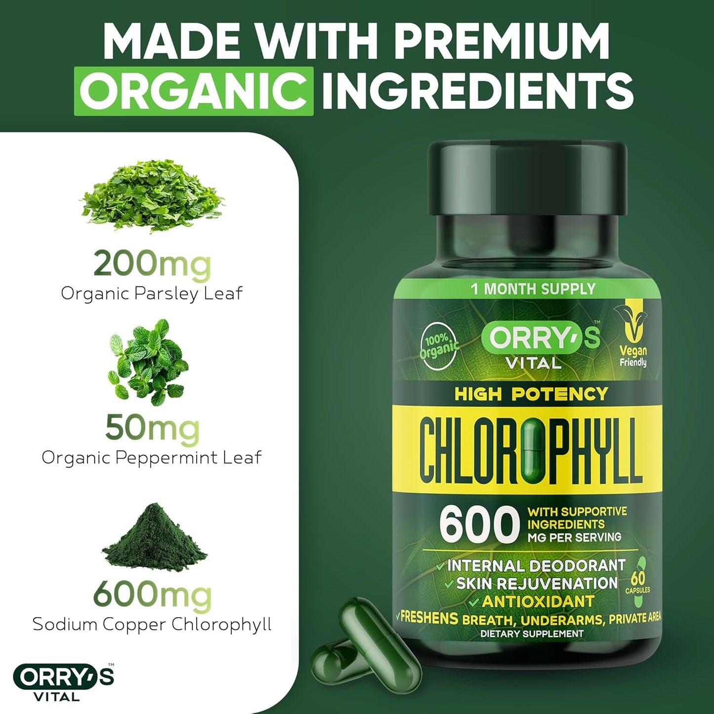 Chlorophyll Capsules - 60 Vegan Chlorophyll Pills - Natural Internal Deodorant to Detox Body Odor, Skin, Armpits & Private Parts - Supports Immunity, Gut Health & Digestion