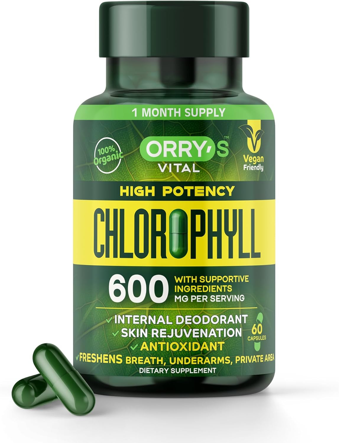 Chlorophyll Capsules - 60 Vegan Chlorophyll Pills - Natural Internal Deodorant to Detox Body Odor, Skin, Armpits & Private Parts - Supports Immunity, Gut Health & Digestion